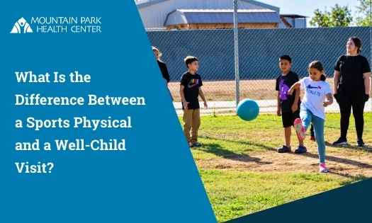 Children play soccer outdoors with an adult nearby in a Mountain Park Health Center graphic.